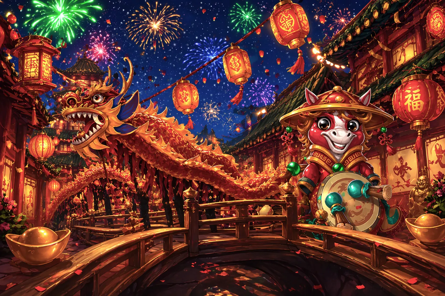 Festive Habanero-style fantasy scene with lanterns, fireworks and bright game-world detail